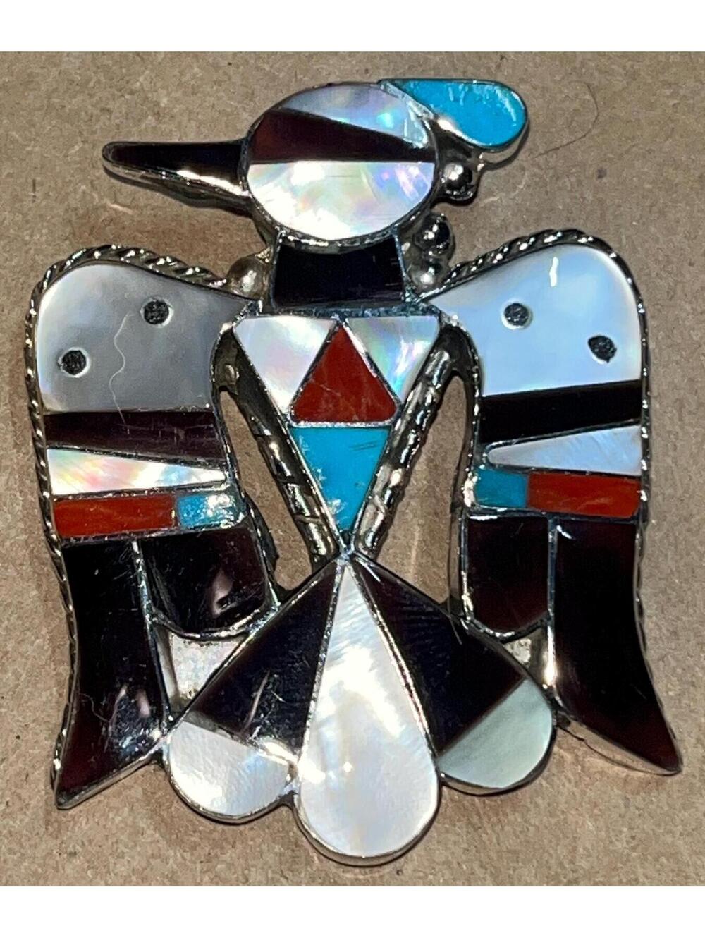 Zuni turquoise multi sterling silver Vintage traditional thunderbird inlay bolo